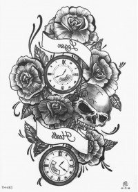 Временная татуировка Часы, череп и розы 34411